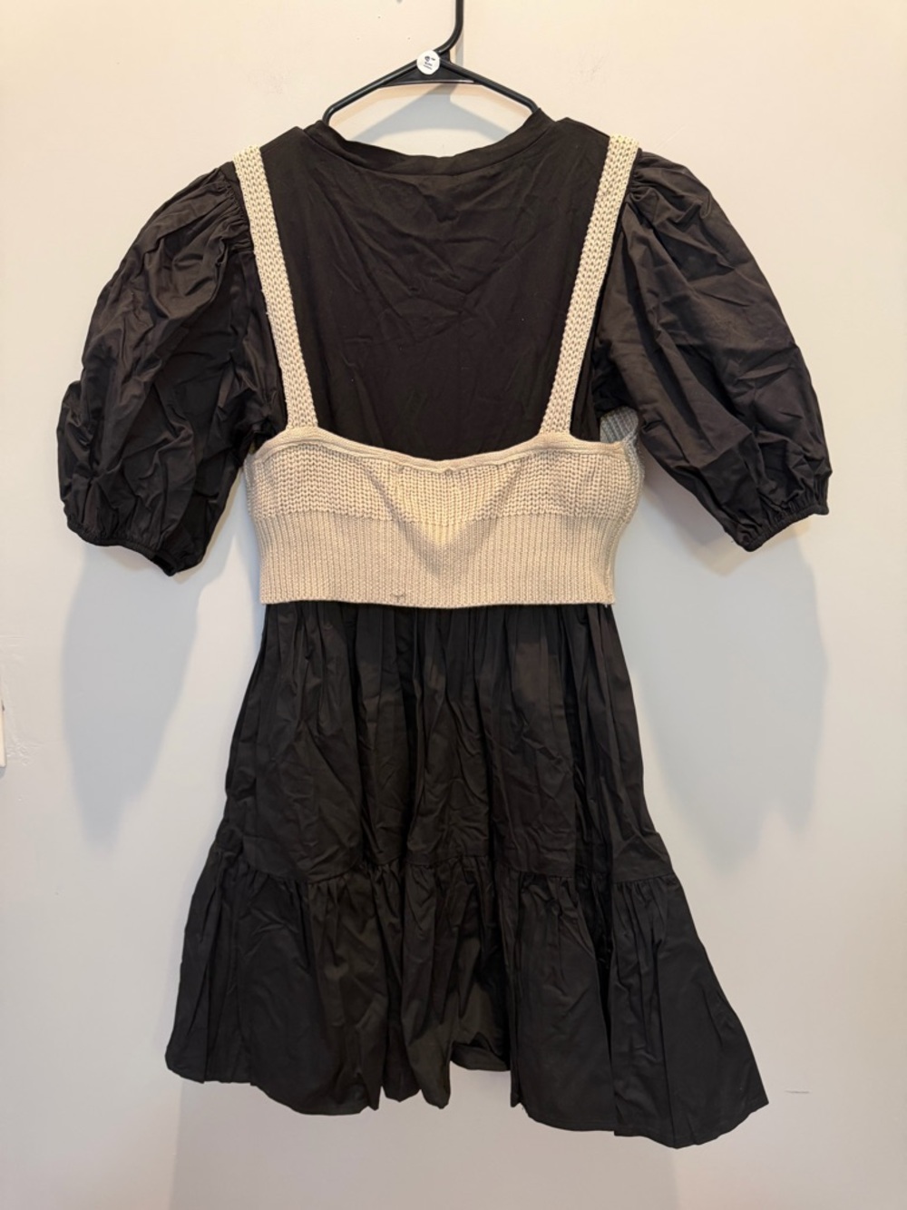 En Saison Black Puff Sleeve Tiered Dress with Cream Knit Overlay Vest - Picture 5 of 6
